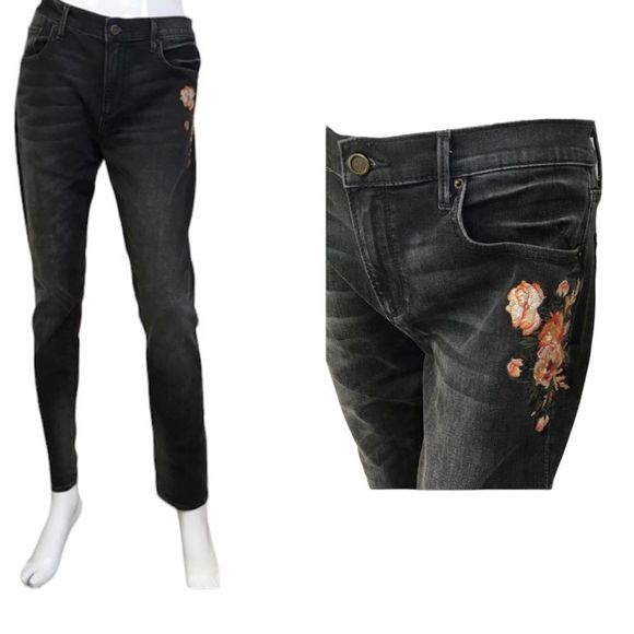 Driftwood Marilyn Black Denim Floral Embroidered Mid-Rise Skinny Jeans 31 - Picture 1 of 14